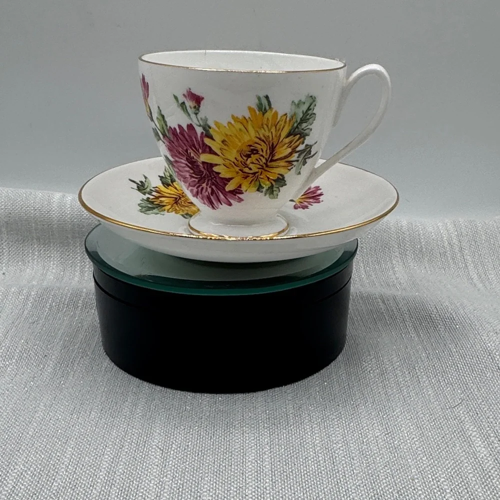 Queen Anne Teacup Saucer Set Pink Yellow Chrysanthemum Bone China Footed England